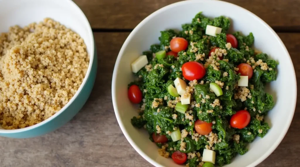 A bowl of cooked quinoa next to Kale Crunch Salad on a rustic wooden table.