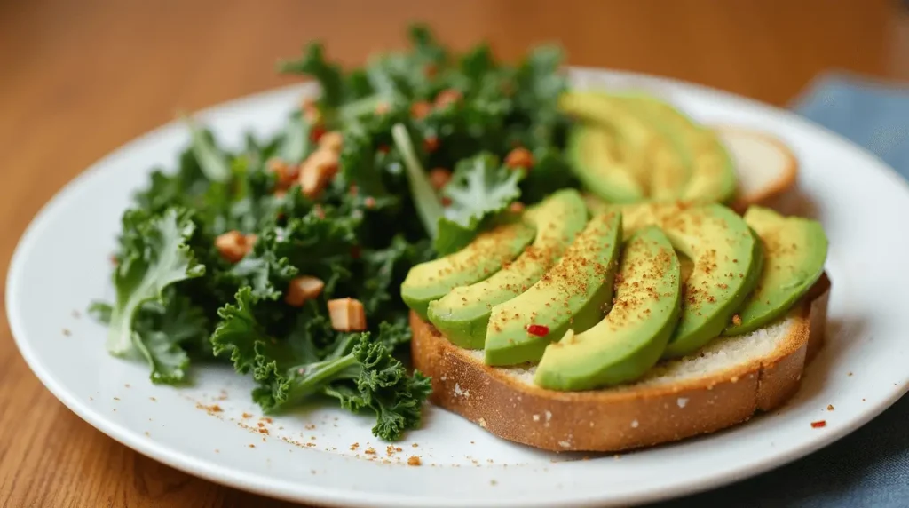 A plate with slices of avocado toast next to Kale Crunch Salad, garnished with chili flakes.