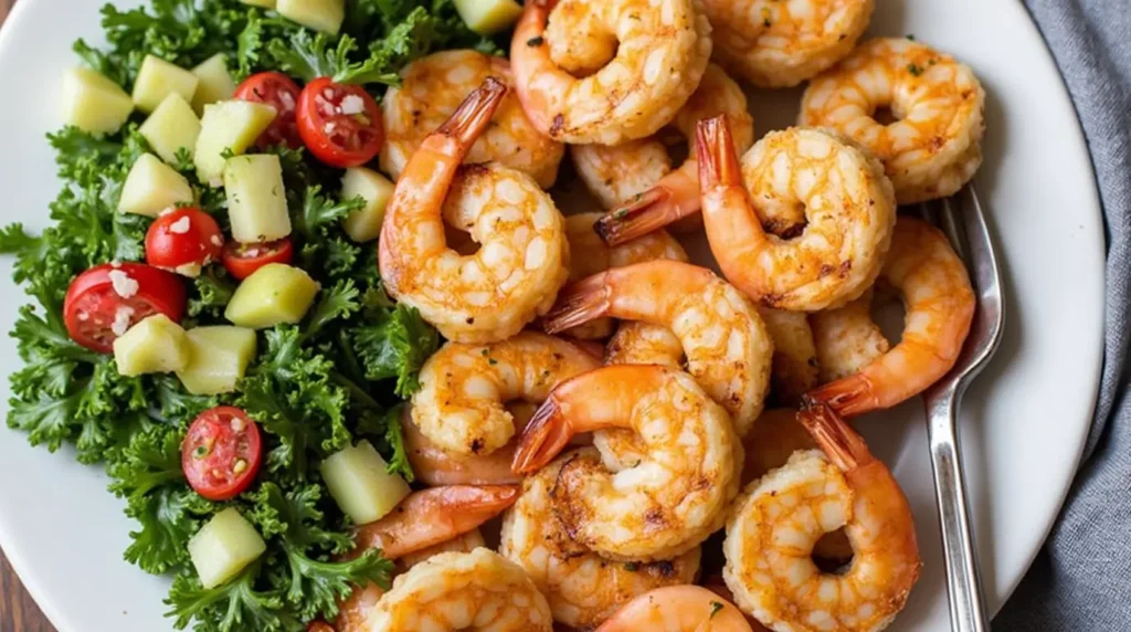 A platter of grilled shrimp with Kale Crunch Salad on the side, garnished with fresh parsley.