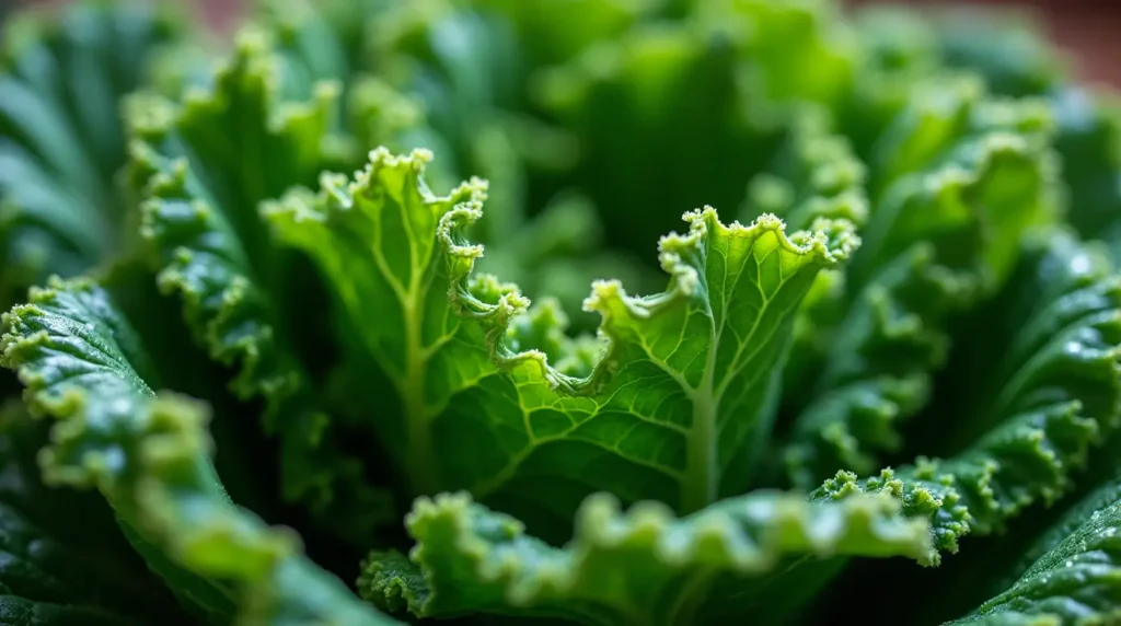 Close-up of fresh, wrinkled kale leaves, vibrant green, with water droplets on the surface, highlighting their freshness and texture.]