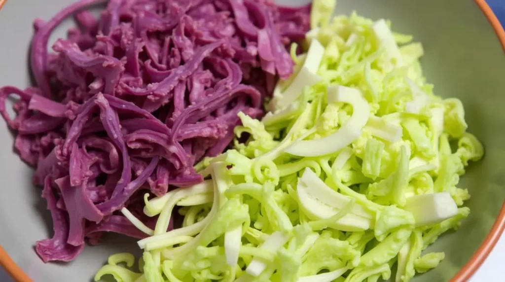 A bowl filled with freshly shredded red and green cabbage, highlighting its vibrant colors and crunchy texture.