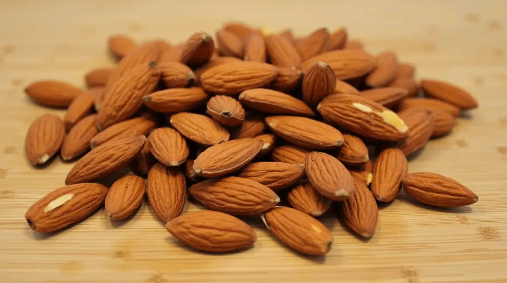 A handful of toasted almonds on a wooden cutting board, with a few sliced almonds scattered around for texture contrast.]