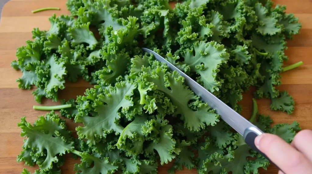 A top-down view of fresh kale leaves on a wooden cutting board, with a knife slicing through them into thin strips.