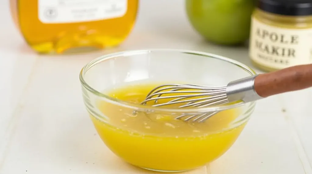 A small glass bowl with a whisk, mixing a golden apple cider vinaigrette, with a bottle of vinegar and a jar of mustard in the background