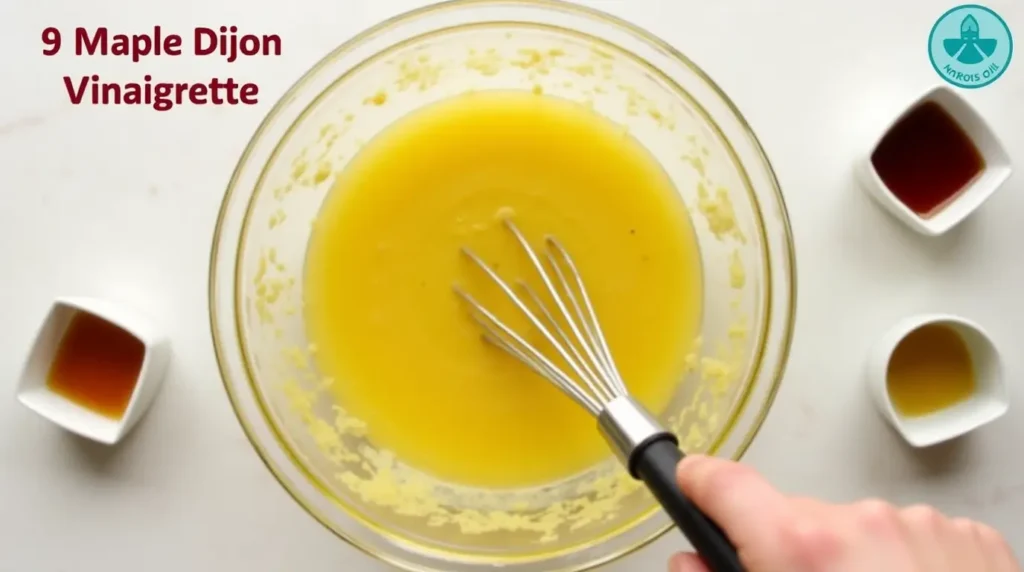 A glass bowl with golden Maple Dijon Vinaigrette being whisked, surrounded by small containers of mustard, olive oil, and maple syrup.