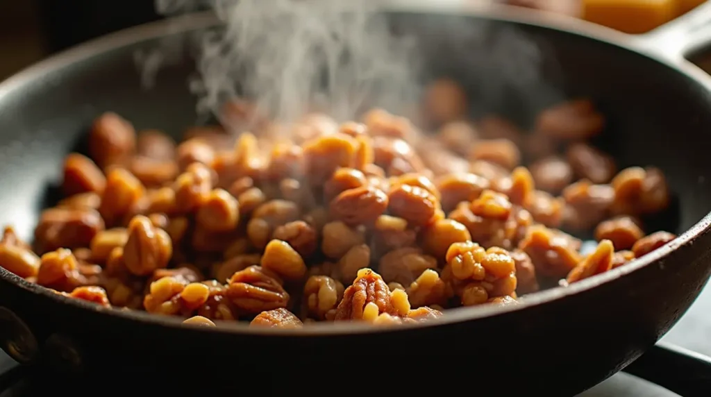 A skillet with golden maple-glazed nuts being stirred, steam rising as they caramelize.