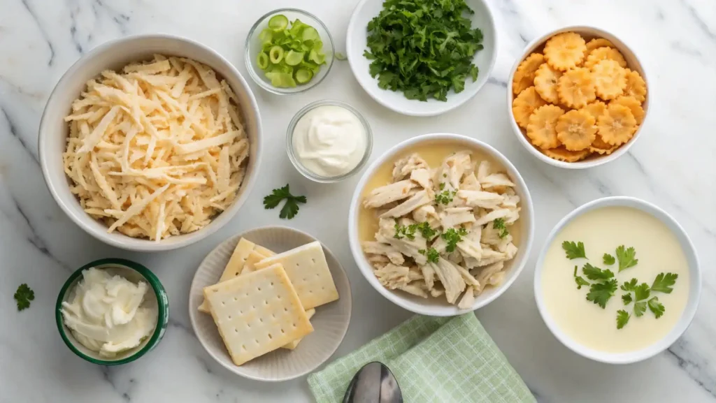 an image showcasing all the ingredients neatly arranged on a marble countertop. Include bowls of shredded chicken, cans of cream of chicken soup, sour cream, grated cheese, crackers, scallions, parsley, and melted butter. The scene should look clean and appetizing, with natural lighting highlighting each item.