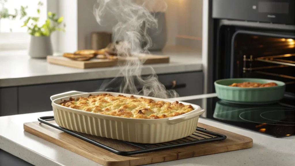 an image of the baking process in progress. Show the casserole in the oven with the golden-brown cracker topping beginning to crisp up. Include steam rising gently from the dish to emphasize its warmth and readiness. The background should feature a modern kitchen setting with soft lighting.