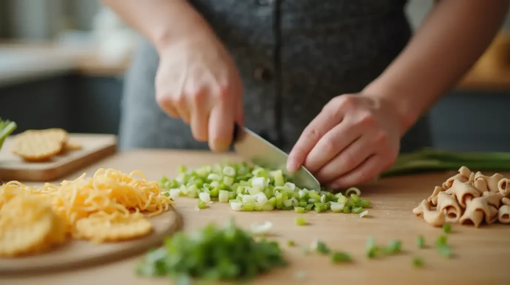 an image of a person preparing the ingredients in a kitchen setting. Show them chopping scallions, grating cheese, or crushing crackers. The scene should convey a sense of ease and enjoyment, with soft lighting and a clutter-free workspace.