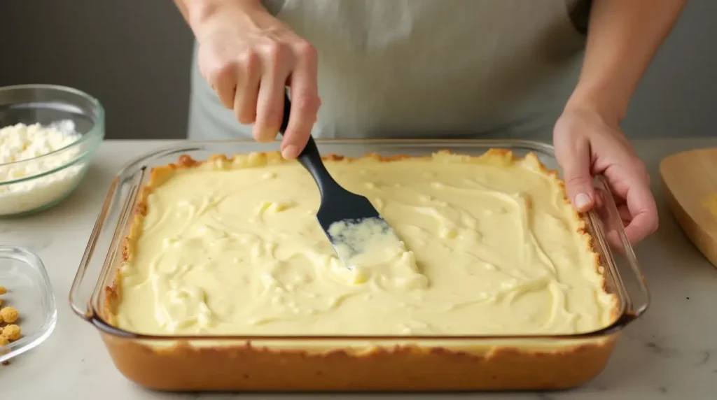 an image of someone carefully spreading the casserole filling into a baking dish. Show them using a spatula to ensure even layering, with the creamy mixture glistening under soft lighting. The background should feature a clean kitchen countertop with other ingredients nearby, creating a sense of preparation and attention to detail.