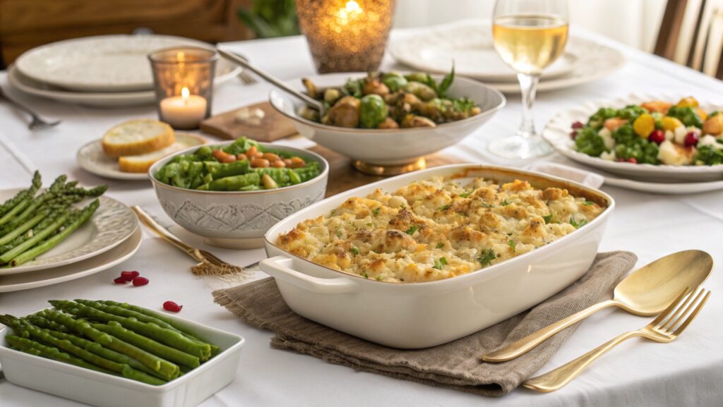 an image showcasing a beautifully set dining table featuring the Million Dollar Chicken Casserole as the centerpiece. Surround it with recommended side dishes like green bean & artichoke casserole, teriyaki asparagus, and a vibrant village tavern house salad. Use soft, golden lighting to highlight the colors and textures of each dish, creating an inviting and appetizing scene.