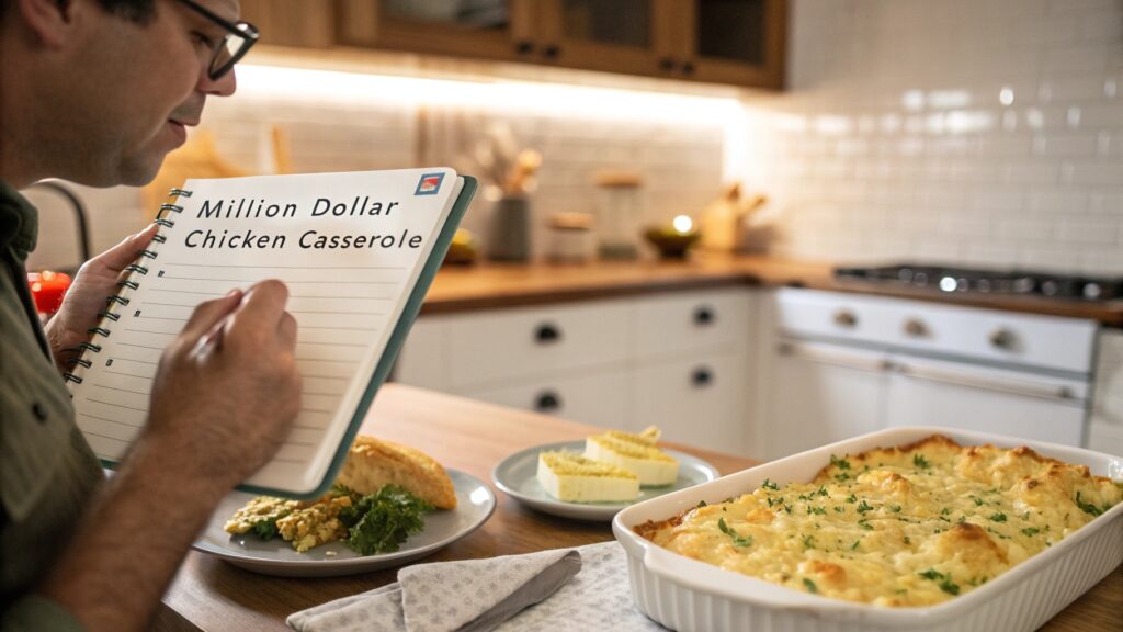 an image of a person reading a recipe card next to a freshly baked Million Dollar Chicken Casserole . Show them holding a notepad with common questions written on it, along with checkboxes for answers. The background should feature a cozy kitchen setting with soft lighting, creating a sense of warmth and reassurance.