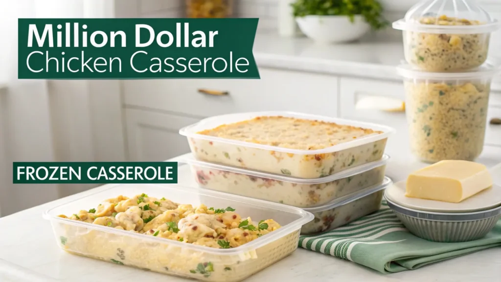 an image showcasing the proper storage process for the Million Dollar Chicken Casserole . Show a freshly baked casserole being transferred into airtight containers or freezer-safe bags. Include labels with dates and "Frozen Casserole" written clearly. The background should feature a clean kitchen countertop with a soft, neutral lighting setup.