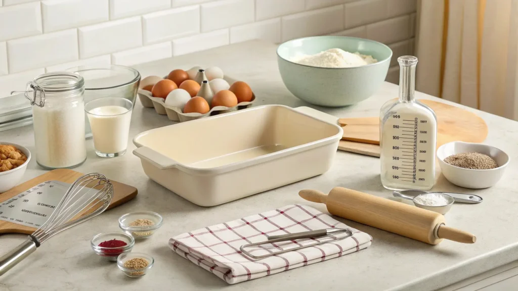 an image showcasing all the essential kitchen tools neatly arranged on a clean countertop. Include a 9x13-inch baking dish, mixing bowls of various sizes, measuring cups and spoons, a spatula, and optional items like a rolling pin and oven mitts. The scene should look organized and inviting, with soft lighting highlighting each tool.