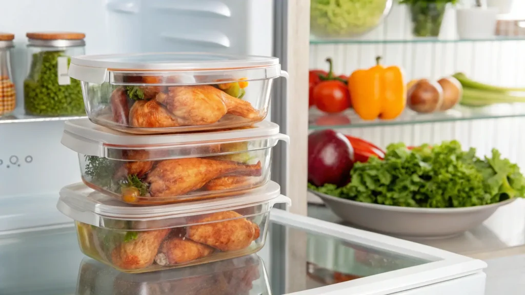 smoked chicken drumsticks : an image of a stack of leftover smoked chicken drumsticks stored neatly in an airtight container, placed inside a modern refrigerator with other fresh ingredients visible in the background.