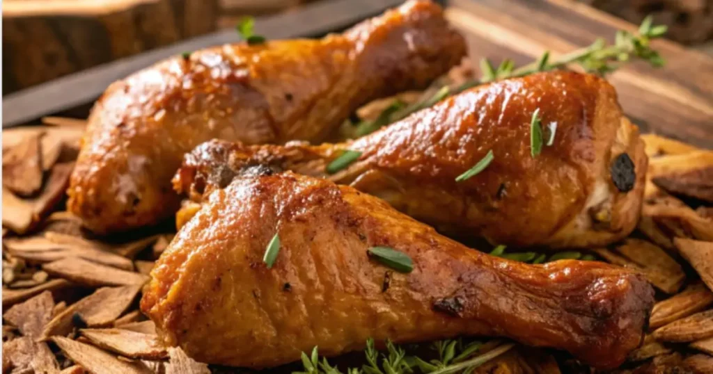 Generate an image showcasing a close-up shot of freshly smoked chicken drumsticks glistening under golden light, surrounded by aromatic wood chips (like hickory) and sprinkled with herbs for added visual appeal.