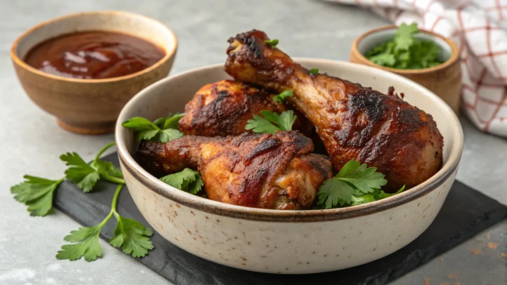 smoked chicken drumsticks: an image showcasing reheated smoked chicken drumsticks served hot in a bowl, garnished with fresh parsley and accompanied by a small ramekin of extra BBQ sauce on the side