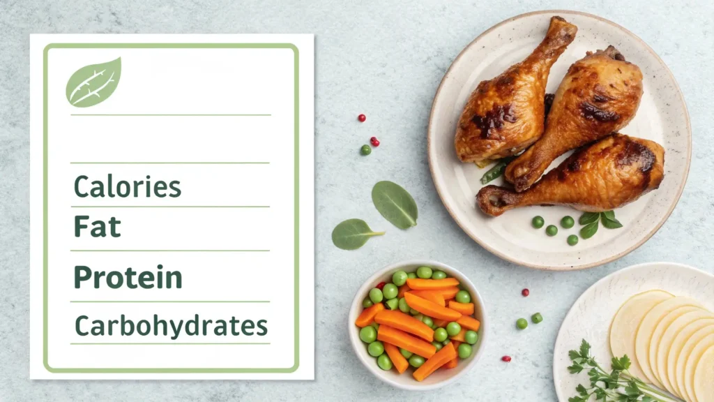 smoked chicken drumsticks : an image showing a nutritional label template with the above information clearly displayed, along with a small plate featuring two smoked chicken drumsticks and a side of veggies.