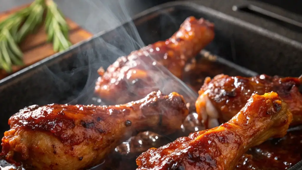 smoked chicken drumsticks : an image showcasing the drumsticks glistening with freshly applied BBQ sauce, with visible caramelization on the surface and steam rising gently