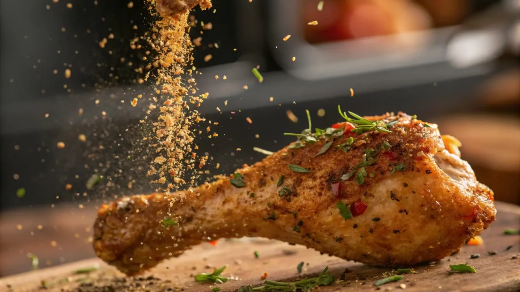 smoked chicken drumsticks : an image showing a close-up of a well-seasoned chicken drumstick with a sprinkle of fresh spices falling gently onto it, emphasizing the importance of high-quality seasoning.