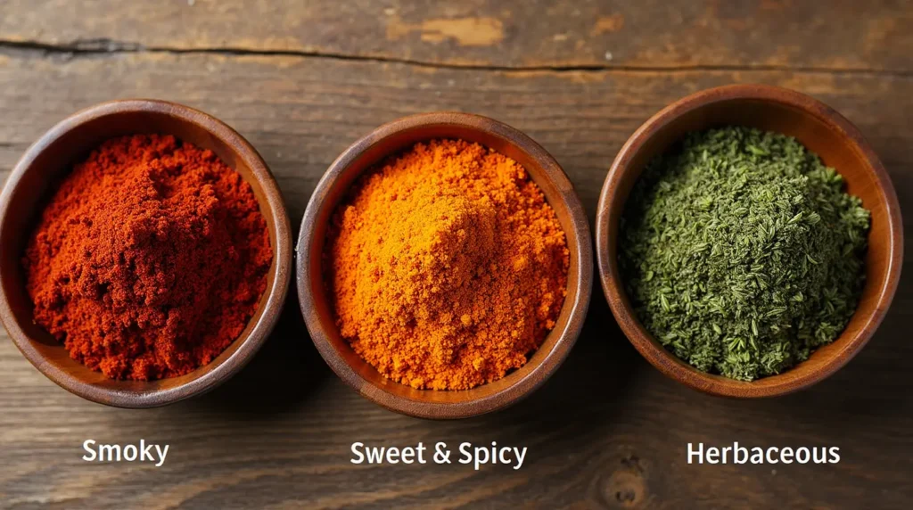 smoked chicken drumsticks:an image featuring three bowls of vibrant spice blends arranged neatly on a wooden table, with labels identifying each blend (e.g., "Smoky," "Sweet & Spicy," "Herbaceous"