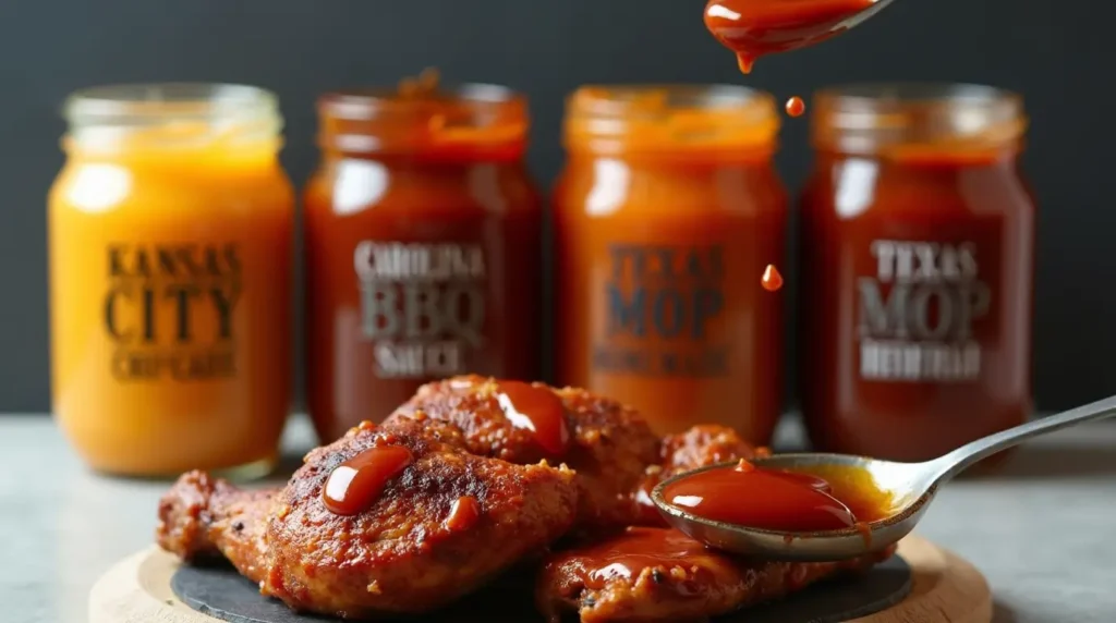 smoked chicken drumsticks : an image showcasing four jars of colorful BBQ sauces lined up on a counter, labeled with their respective styles ("Kansas City," "Carolina Mustard," "Texas Mop," "Homemade"). Include a spoonful of sauce drizzled over a smoked chicken drumstick in the foreground.