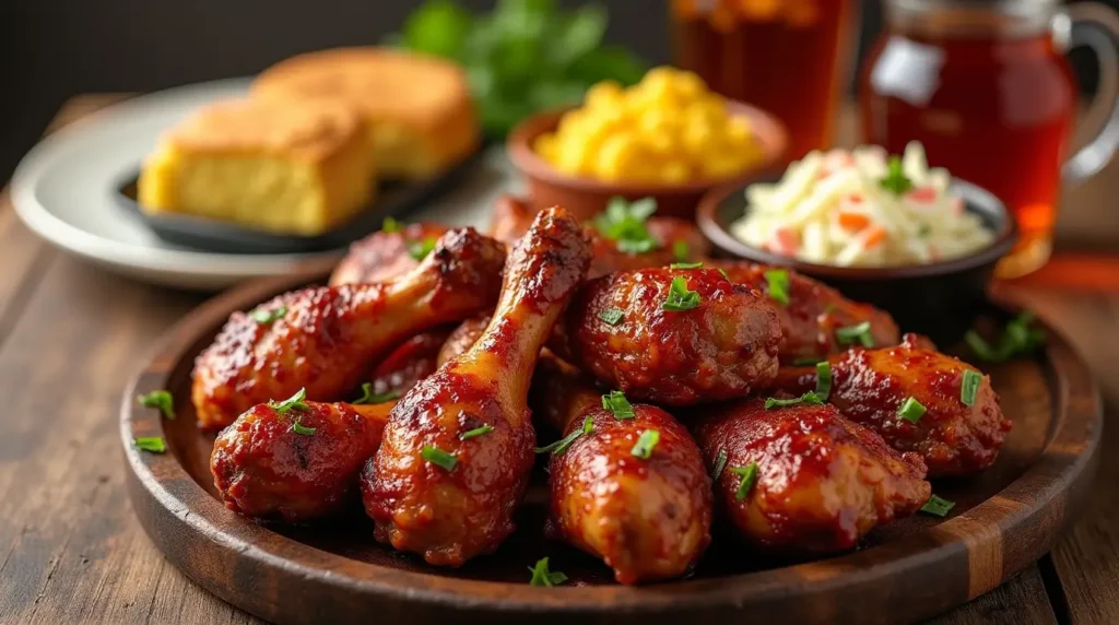 smoked chicken drumsticks : an image showing a vibrant spread of BBQ-themed foods, including smoked chicken drumsticks, coleslaw, cornbread, mac and cheese, and a pitcher of sweet tea on a rustic wooden table.