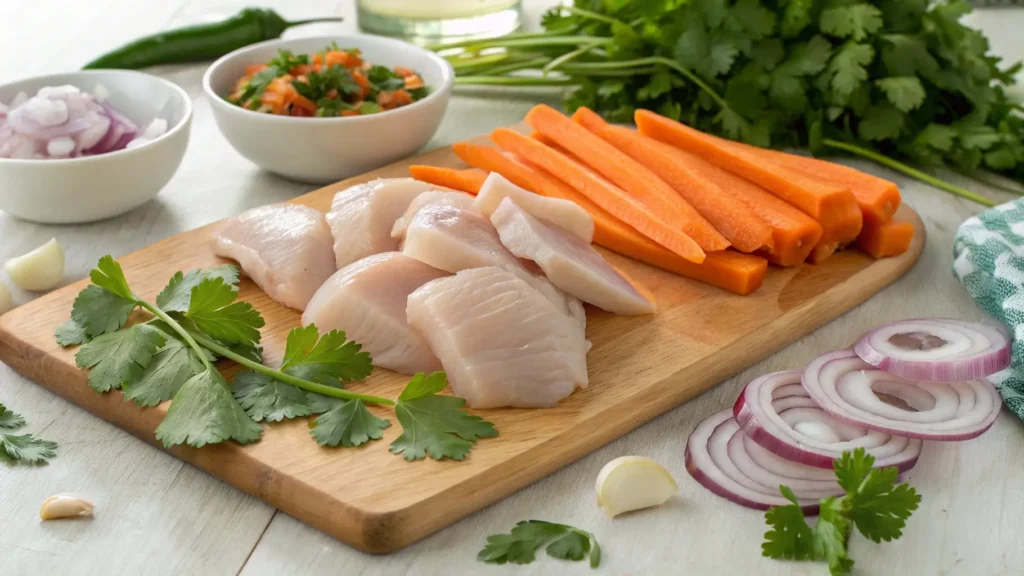 sopa de pollo : image of fresh ingredients like chicken, carrots, onions, and cilantro laid out on a cutting board.