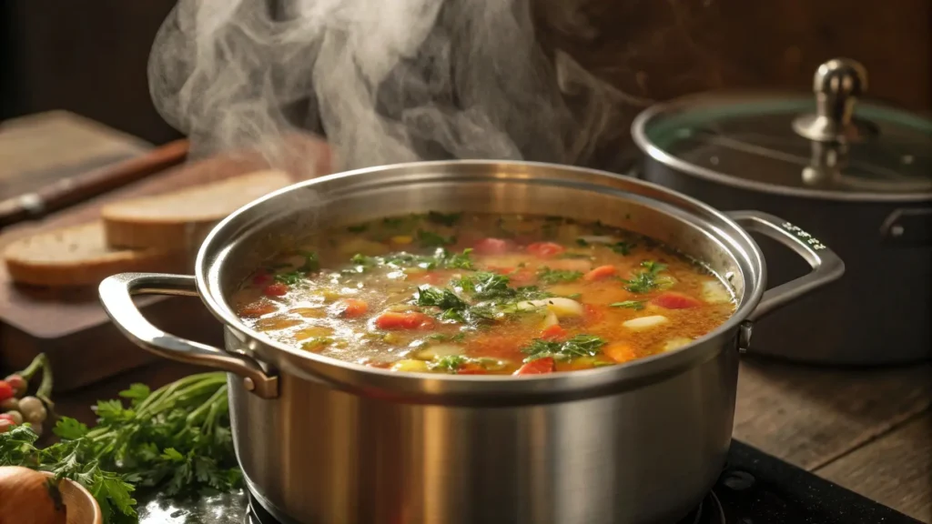 sopa de pollo : image of a slow-cooking pot filled with bubbling soup