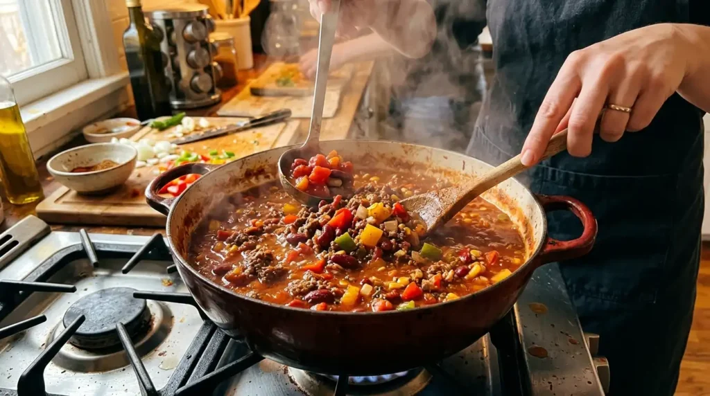 Building the steak chili sauce with diced tomatoes, kidney beans, beef broth, and chili spices in a Dutch oven