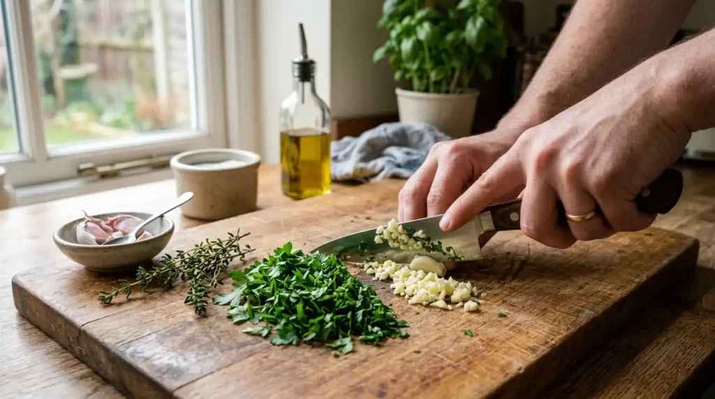 Mincing garlic and fresh herbs for herb butter for steak