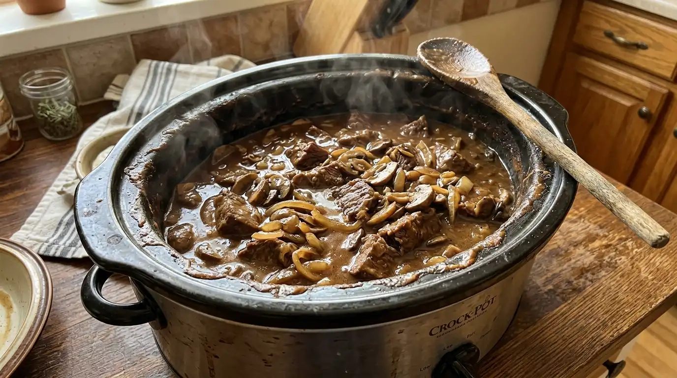 Crock-Pot cube steak and gravy — tender fall-apart cube steak in rich brown gravy in a slow cooker