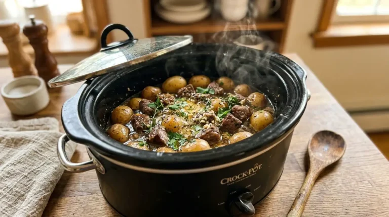  Crockpot steak bites with garlic butter sauce and potatoes in a slow cooker