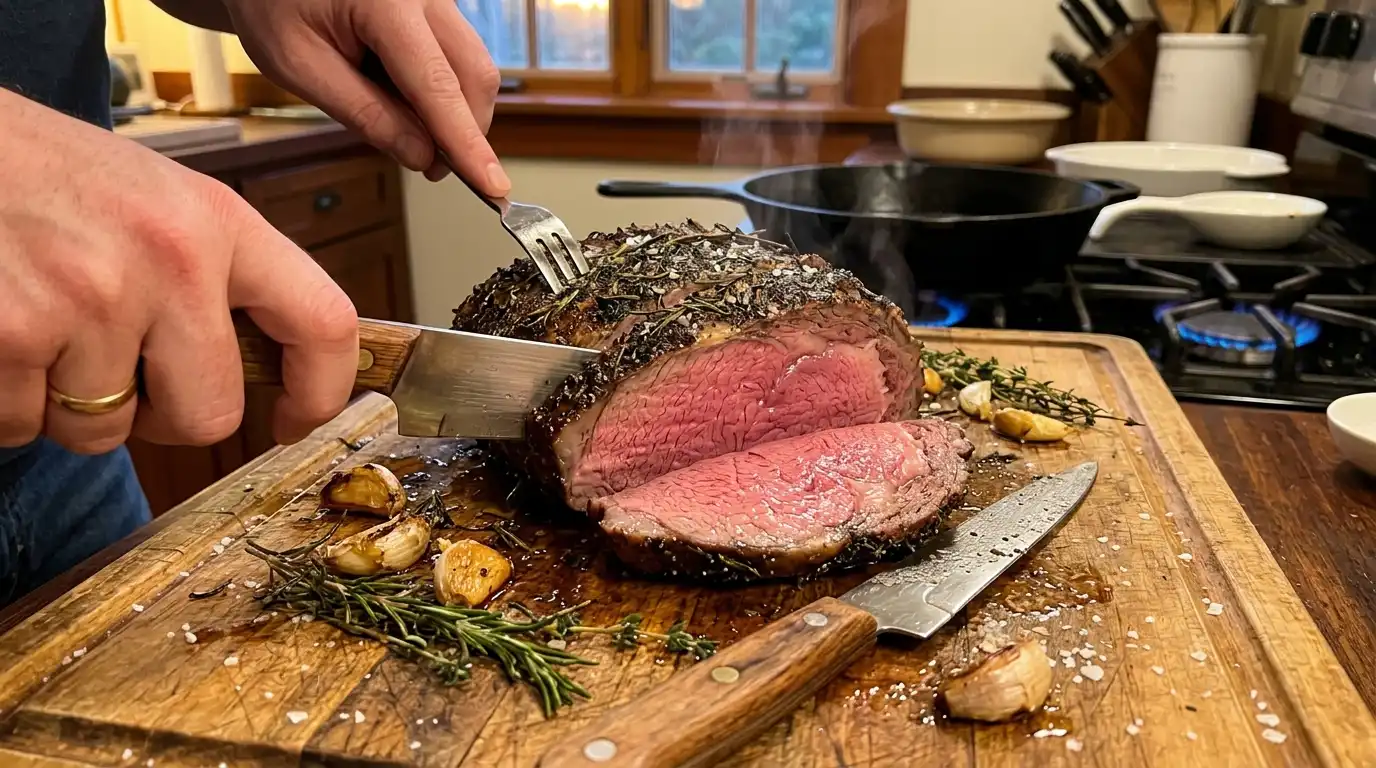 Cross rib roast recipe — perfectly cooked herb-crusted roast being carved on a wooden board with rosemary and roasted garlic