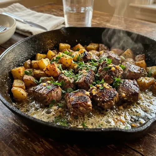 Garlic steak bites and potatoes in a skillet with garlic butter sauce