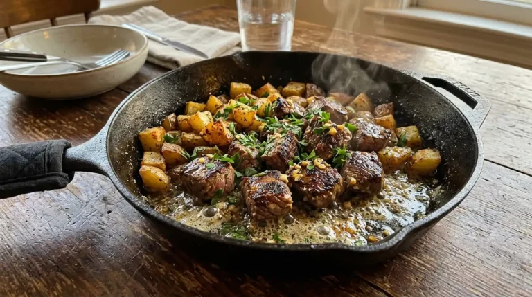 Garlic steak bites and potatoes in a skillet with garlic butter sauce