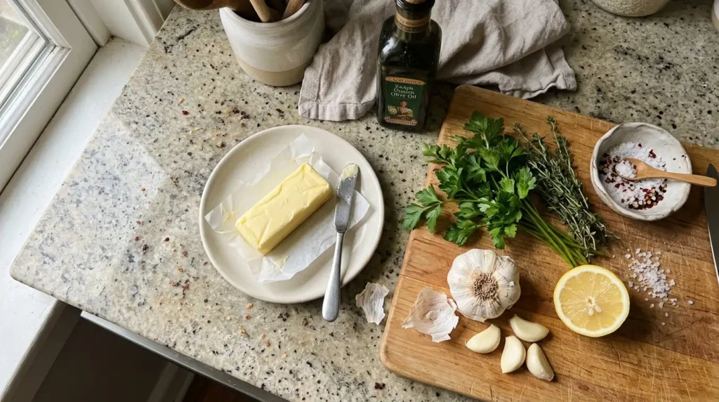 Fresh ingredients for herb butter for steak recipe