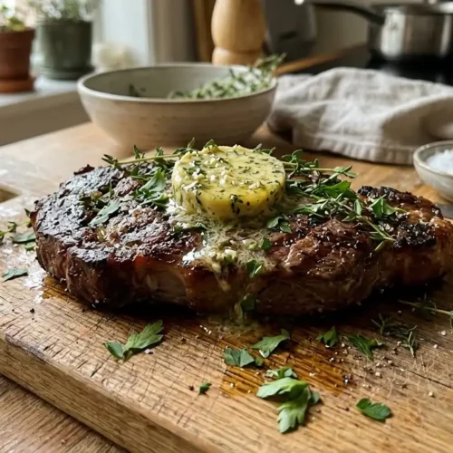 Herb butter for steak melting over a grilled ribeye on a wooden board