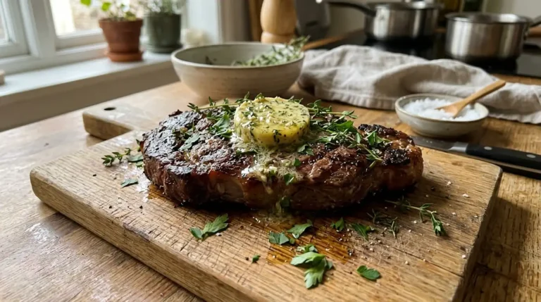 Herb butter for steak melting over a grilled ribeye on a wooden board