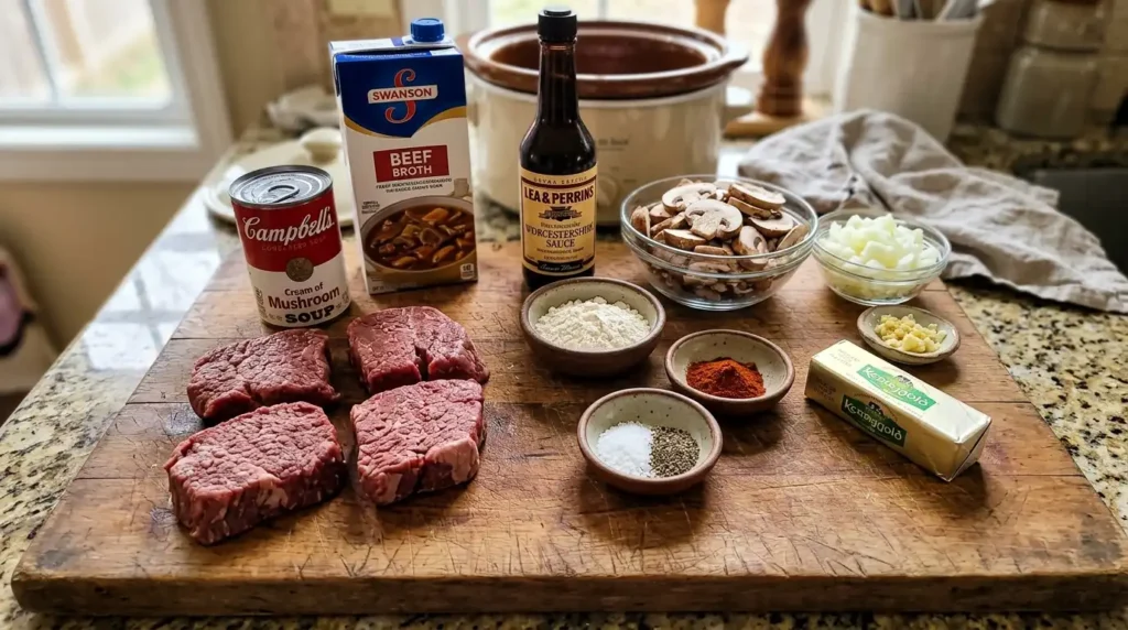 Ingredients for crock pot cube steak and gravy including raw cube steaks, cream of mushroom soup, beef broth, mushrooms, and seasonings