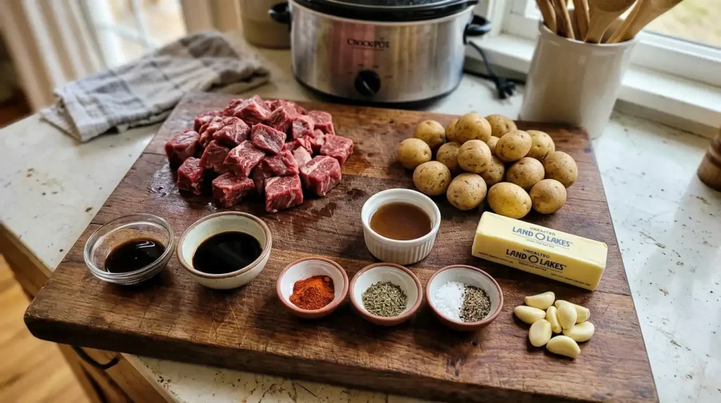 Ingredients for crockpot steak bites including raw sirloin cubes, potatoes, garlic, butter, and seasonings