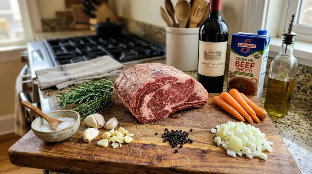 Ingredients for cross rib roast recipe, including raw roast, fresh herbs, garlic, red wine, and beef broth