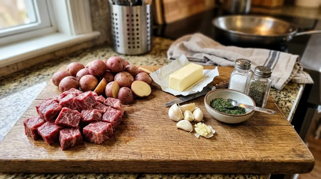 Ingredients for garlic steak bites and potatoes including raw beef, potatoes, butter, and garlic