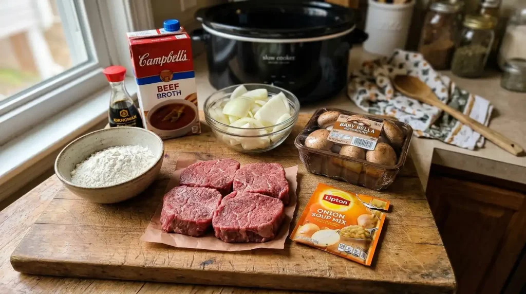 Ingredients for slow cooker cube steak including raw meat, onions, mushrooms, broth, and onion soup mix