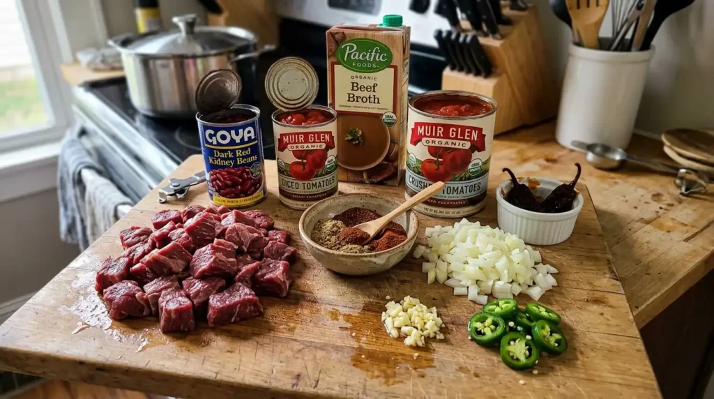 Ingredients for steak chili including raw chuck steak cubes, kidney beans, diced tomatoes, chili powder, cumin, and jalapeños