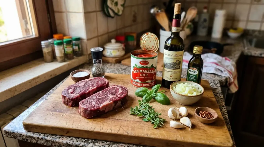 Ingredients for steak pizzaiola including sirloin steak, San Marzano tomatoes, garlic, red wine, basil, and olive oil