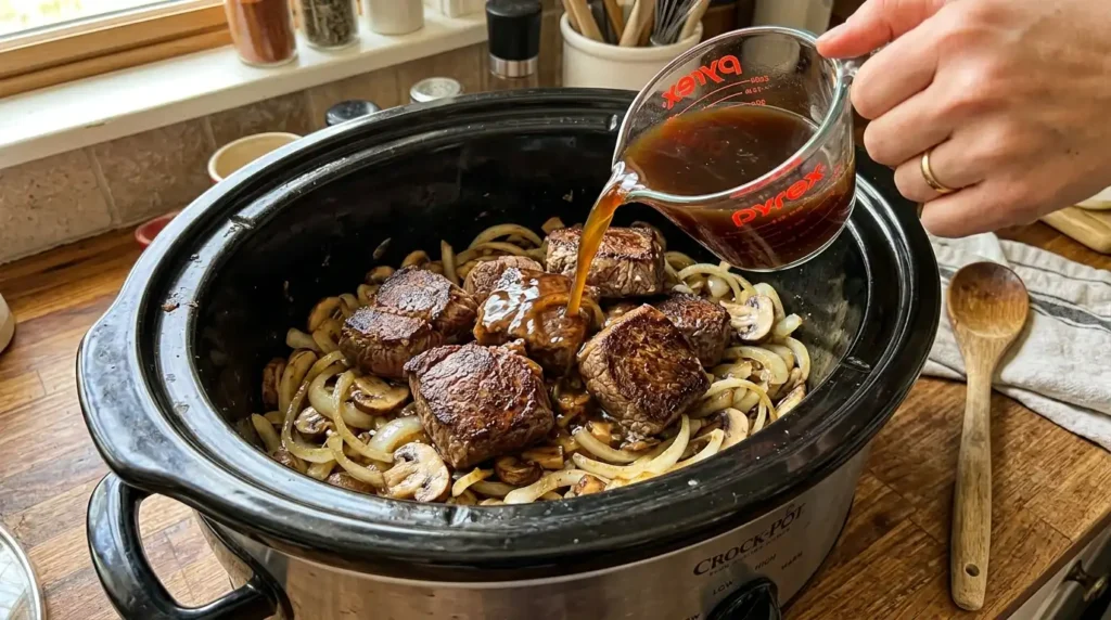 Layering onions, mushrooms, and cube steaks in a slow cooker