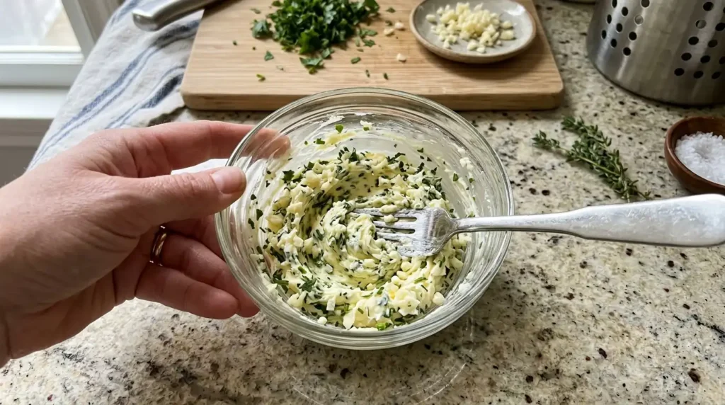 Mixing compound butter with herbs and garlic in a bowl
