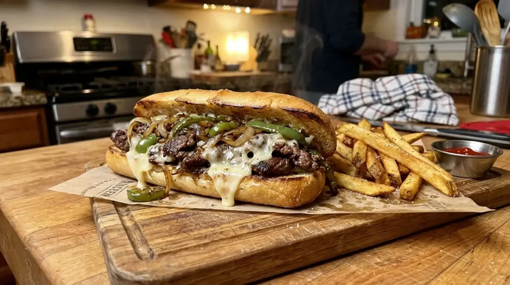 Classic Philly cheesesteak with shaved ribeye steak, caramelized onions, and melted provolone on a hoagie roll