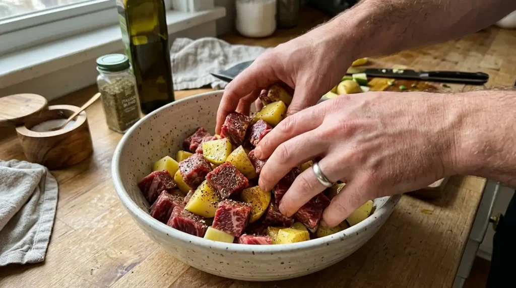 Tossing steak bites and potatoes with oil and spices before cooking